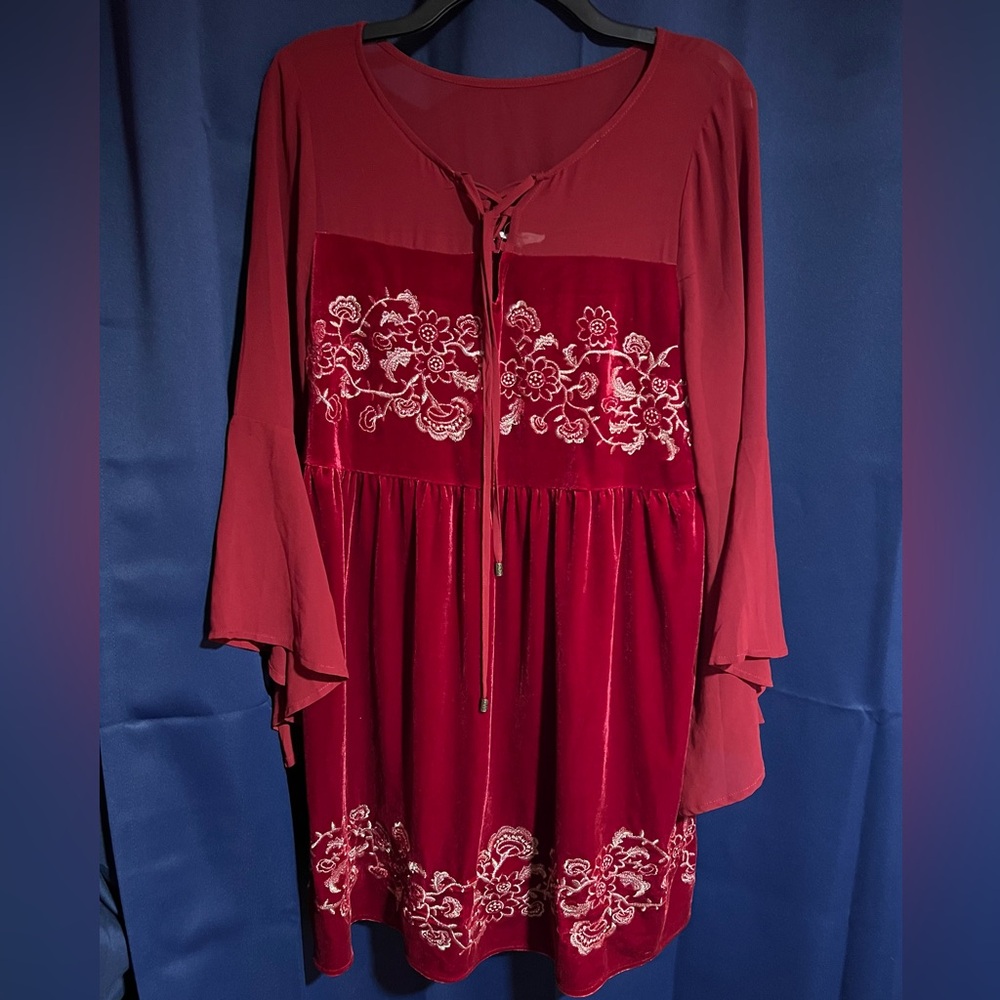 Entro Burgundy Floral Embroidered Long Sleeve Dress